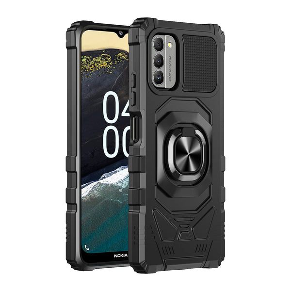 For Nokia C300 Case [Military Grade] Ring Car Mount Kickstand w/[Tempered Glass] Hybrid Hard PC Soft TPU Shockproof Protective Case - Black