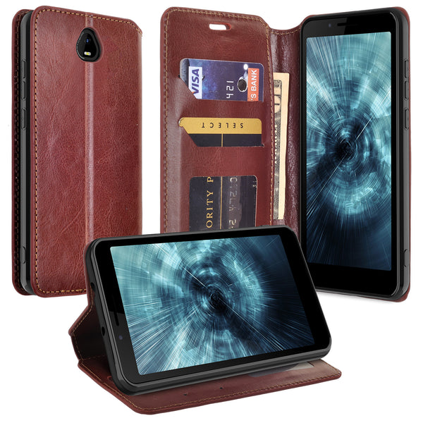 For Boost Schok Volt SV55 Case, Slim Flip Folio [Kickstand] Pu Leather Wallet Case with ID & Card Slots & Pocket - Brown