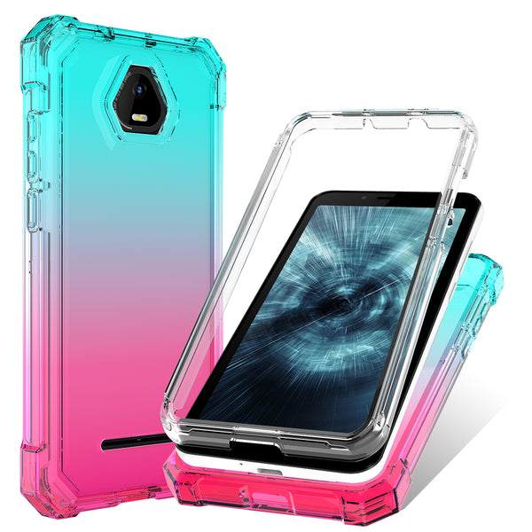 For Boost Schok Volt SV55 Case with Temper Glass Screen Protector Full-Body Rugged Protection - Teal/Pink