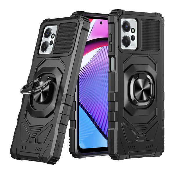 For Motorola moto g Power 2023 Case with Tempered Glass Screen Protector Hybrid Ring Shockproof Hard Case Phone Cover - Black