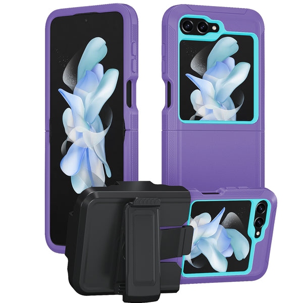 Samsung Galaxy Z Flip5 Case, Rugged Slim Rotating Swivel Lock Holster Shell Clip Cover - Purple/Light Blue