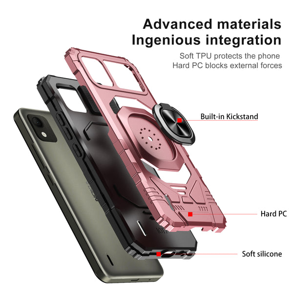 For Nokia C110 Case [Military Grade] Ring Car Mount Kickstand w/[Tempered Glass] Hybrid Hard PC Soft TPU Shockproof Protective Case - Rose Gold