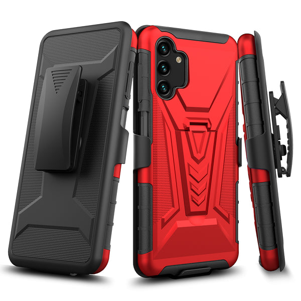 For Samsung Galaxy A14 5G Case ,A14 5G Case with Tempered Glass Screen Protector Heavy Duty Protective Phone Case,Built-in Kickstand Rugged Shockproof Protective Phone Case - Red