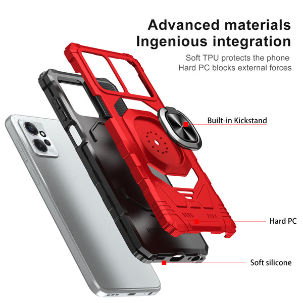 For Motorola moto g Power 2023 Case with Tempered Glass Screen Protector Hybrid Ring Shockproof Hard Case Phone Cover - Red