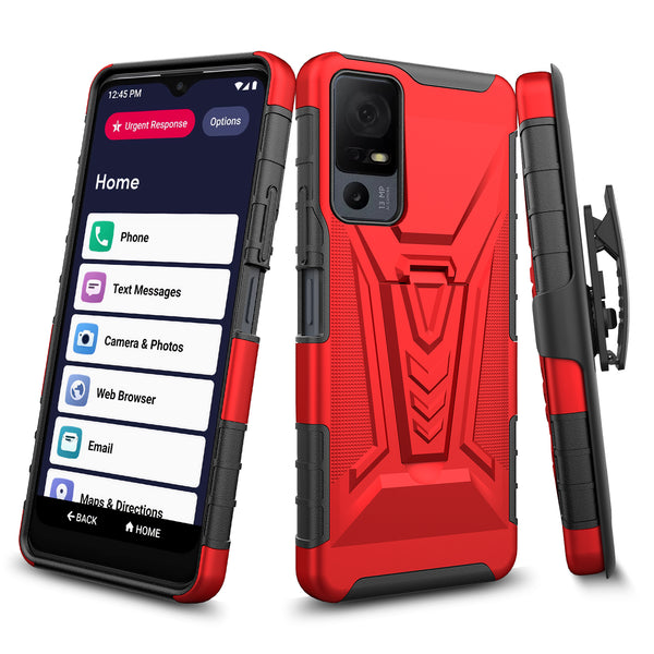 For Alcatel Jitterbug Smart 4 Case with Tempered Glass Screen Protector Heavy Duty Protective Phone Case,Built-in Kickstand Rugged Shockproof Protective Phone Case - Red