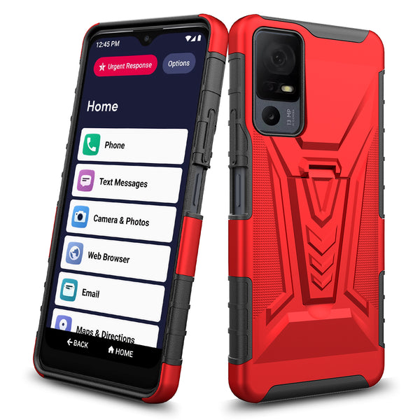 For Alcatel Jitterbug Smart 4 Case with Tempered Glass Screen Protector Heavy Duty Protective Phone Case,Built-in Kickstand Rugged Shockproof Protective Phone Case - Red