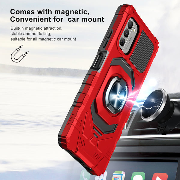 For Nokia C300 Case [Military Grade] Ring Car Mount Kickstand w/[Tempered Glass] Hybrid Hard PC Soft TPU Shockproof Protective Case - Red