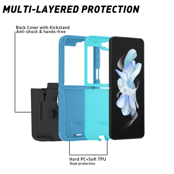 Samsung Galaxy Z Flip5 Case, Rugged Slim Rotating Swivel Lock Holster Shell Clip Cover - Blue/Light Blue
