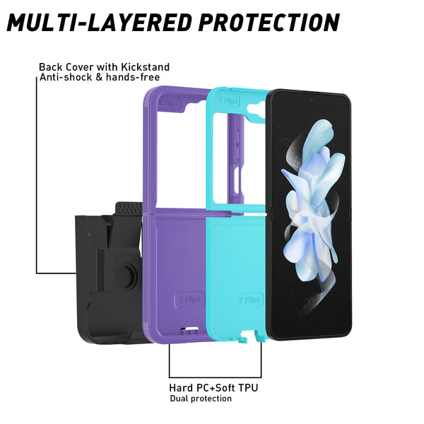 Samsung Galaxy Z Flip5 Case, Rugged Slim Rotating Swivel Lock Holster Shell Clip Cover - Purple/Light Blue