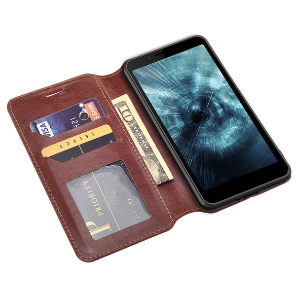 For Boost Schok Volt SV55 Case, Slim Flip Folio [Kickstand] Pu Leather Wallet Case with ID & Card Slots & Pocket - Brown