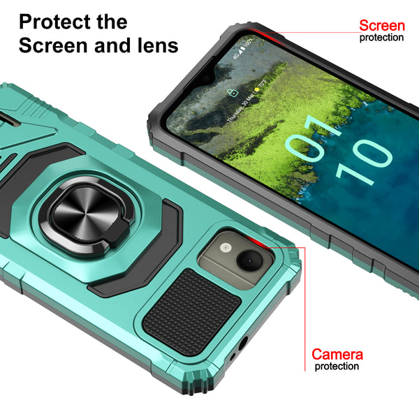 For Nokia C110 Case [Military Grade] Ring Car Mount Kickstand w/[Tempered Glass] Hybrid Hard PC Soft TPU Shockproof Protective Case - Teal