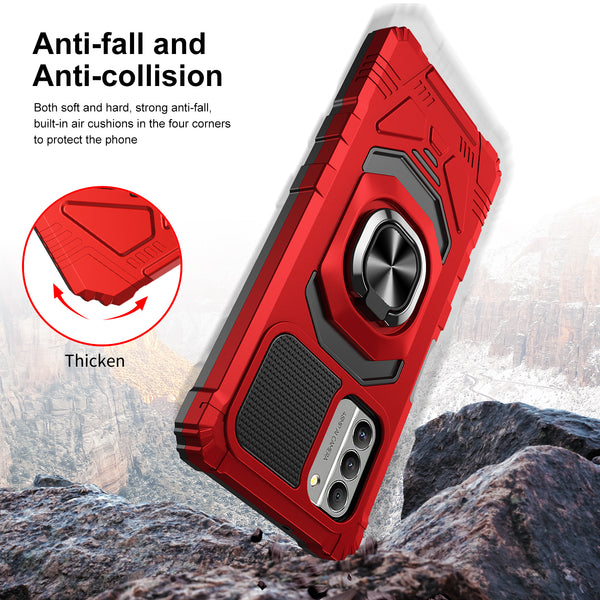 For Nokia C300 Case [Military Grade] Ring Car Mount Kickstand w/[Tempered Glass] Hybrid Hard PC Soft TPU Shockproof Protective Case - Red