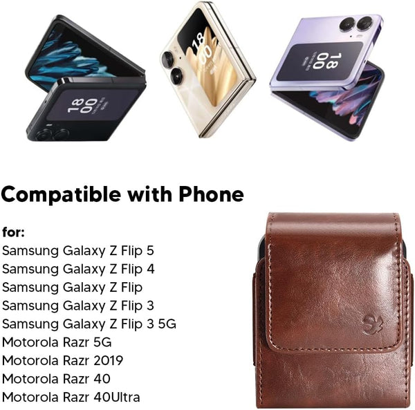 Case for Moto Razr+ Plus/Razr 2023 / Galaxy Z Flip 5 4 3 Phone Case Leather Vertical Pouch [Belt Loop, Metal Clip, Magnetic Closure] for Samsung Z Flip 5 5G, Z Flip3 - Brown