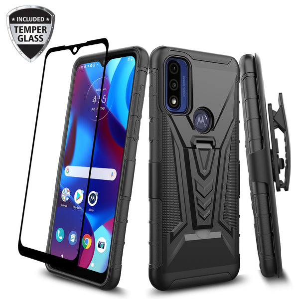 For Motorola Moto G Power 5g 2023 Case with Tempered Glass Screen Protector Heavy Duty Protective Phone Case,Built-in Kickstand Rugged Shockproof Protective Phone Case - Black