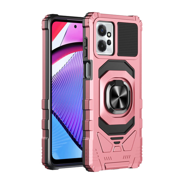 For Motorola moto g Power 2023 Case with Tempered Glass Screen Protector Hybrid Ring Shockproof Hard Case Phone Cover - Rose Gold