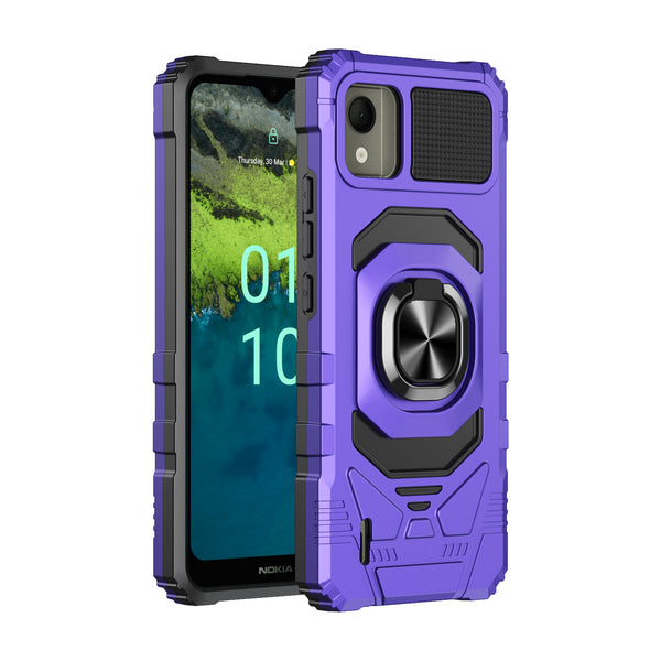 For Nokia C110 Case [Military Grade] Ring Car Mount Kickstand w/[Tempered Glass] Hybrid Hard PC Soft TPU Shockproof Protective Case - Purple