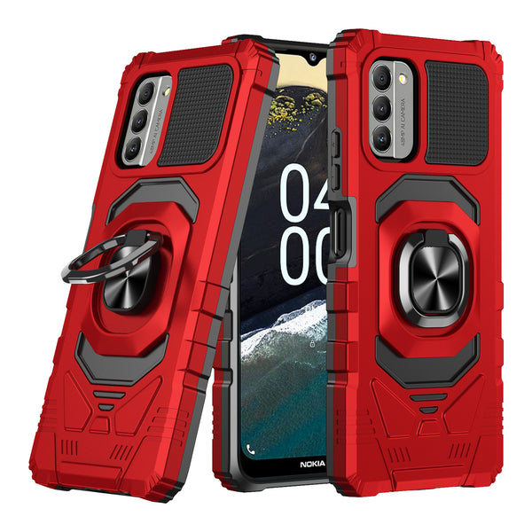 For Nokia C300 Case [Military Grade] Ring Car Mount Kickstand w/[Tempered Glass] Hybrid Hard PC Soft TPU Shockproof Protective Case - Red