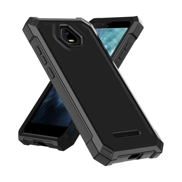 For Boost Schok Volt SV55 Case with Temper Glass Screen Protector Full-Body Rugged Protection - Black