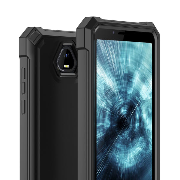 For Boost Schok Volt SV55 Case with Temper Glass Screen Protector Full-Body Rugged Protection - Black