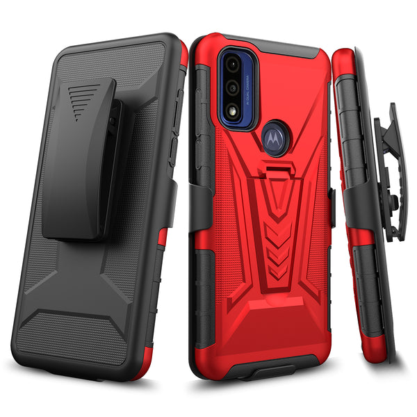 For Motorola Moto G Power 5g 2023 Case with Tempered Glass Screen Protector Heavy Duty Protective Phone Case,Built-in Kickstand Rugged Shockproof Protective Phone Case - Red