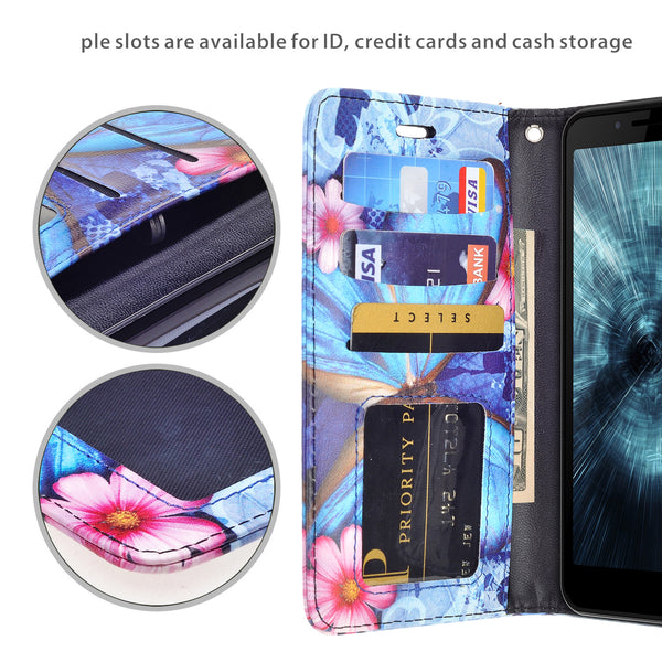 For Boost Schok Volt SV55 Case, Slim Flip Folio [Kickstand] Pu Leather Wallet Case with ID & Card Slots & Pocket - Blue Butterfly