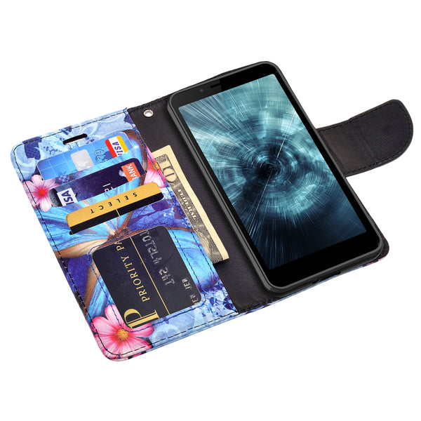 For Boost Schok Volt SV55 Case, Slim Flip Folio [Kickstand] Pu Leather Wallet Case with ID & Card Slots & Pocket - Blue Butterfly