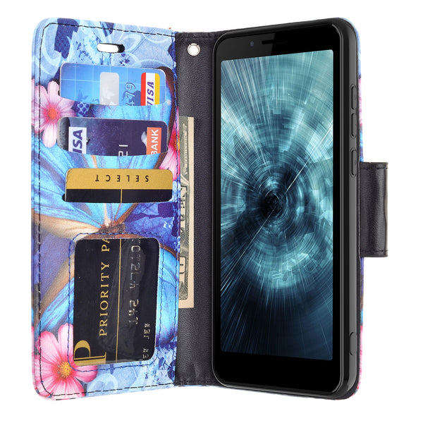 For Boost Schok Volt SV55 Case, Slim Flip Folio [Kickstand] Pu Leather Wallet Case with ID & Card Slots & Pocket - Blue Butterfly