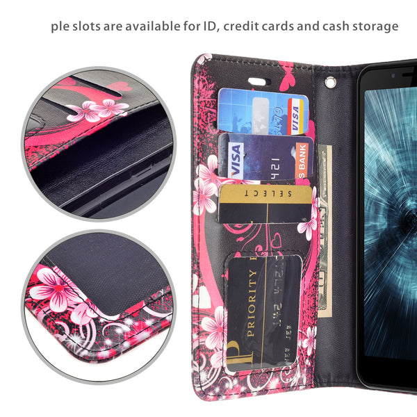 For Boost Schok Volt SV55 Case, Slim Flip Folio [Kickstand] Pu Leather Wallet Case with ID & Card Slots & Pocket - Heart Flower