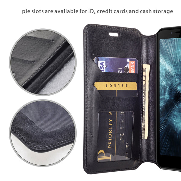 For Boost Schok Volt SV55 Case, Slim Flip Folio [Kickstand] Pu Leather Wallet Case with ID & Card Slots & Pocket - Black