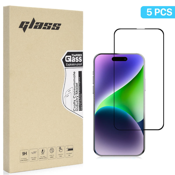 For Apple iPhone 15 Pro 2.5D Full Coverage Tempered Glass Protector - Black 5 Packs