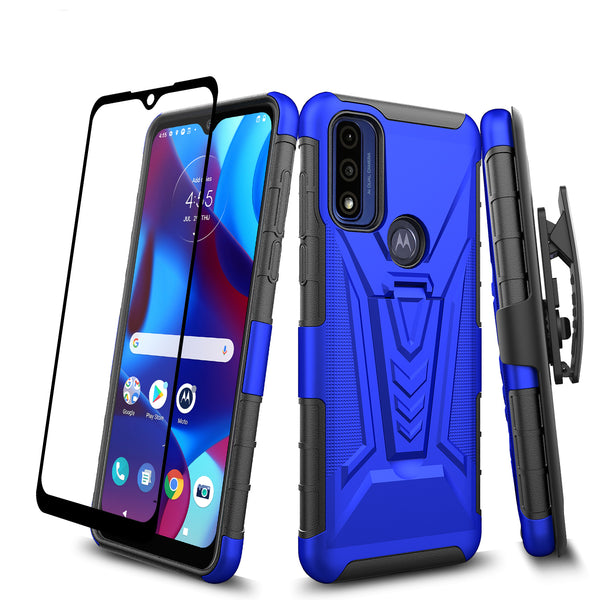 For Motorola Moto G Power 5g 2023 Case with Tempered Glass Screen Protector Heavy Duty Protective Phone Case,Built-in Kickstand Rugged Shockproof Protective Phone Case - Blue