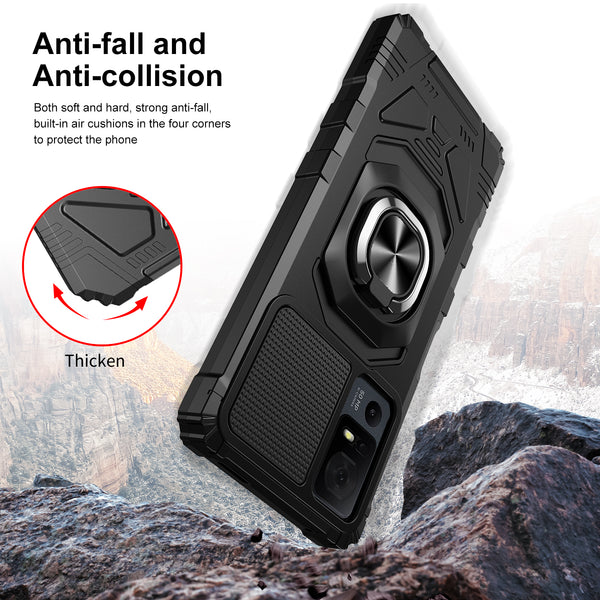 For Alcatel Jitterbug Smart 4 Case [Military Grade] Ring Car Mount Kickstand w/[Tempered Glass] Hybrid Hard PC Soft TPU Shockproof Protective Case - Black