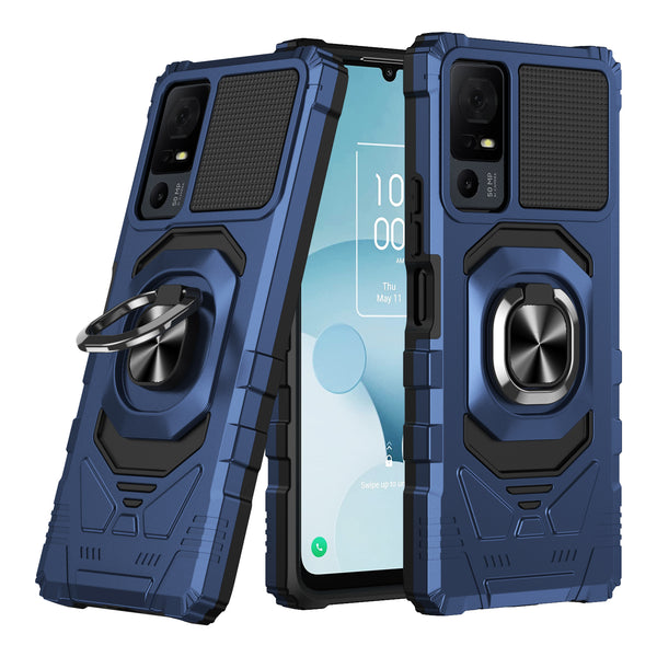 For Alcatel Jitterbug Smart 4 Case [Military Grade] Ring Car Mount Kickstand w/[Tempered Glass] Hybrid Hard PC Soft TPU Shockproof Protective Case - Blue