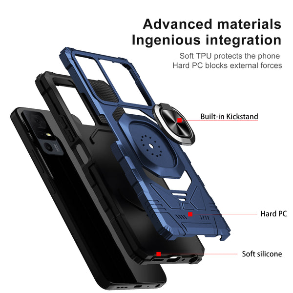 For Alcatel Jitterbug Smart 4 Case [Military Grade] Ring Car Mount Kickstand w/[Tempered Glass] Hybrid Hard PC Soft TPU Shockproof Protective Case - Blue