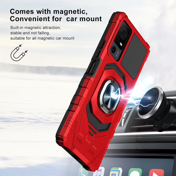 For Alcatel Jitterbug Smart 4 Case [Military Grade] Ring Car Mount Kickstand w/[Tempered Glass] Hybrid Hard PC Soft TPU Shockproof Protective Case - Red