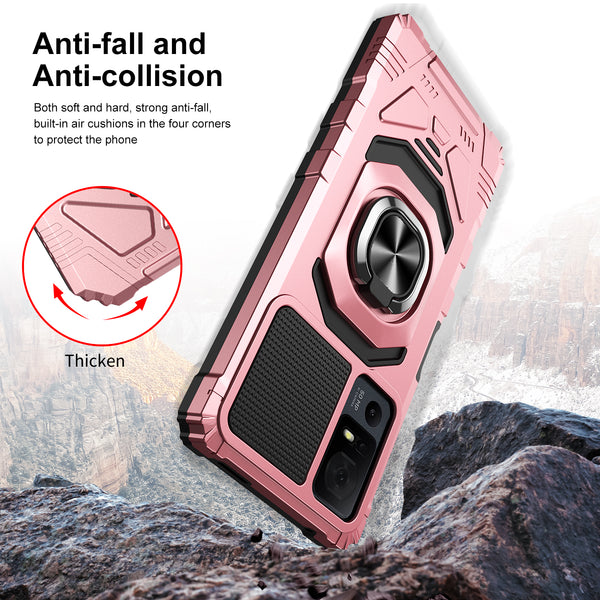 For Alcatel Jitterbug Smart 4 Case [Military Grade] Ring Car Mount Kickstand w/[Tempered Glass] Hybrid Hard PC Soft TPU Shockproof Protective Case - Rose Gold