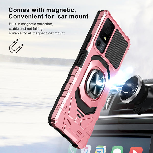 For Alcatel Jitterbug Smart 4 Case [Military Grade] Ring Car Mount Kickstand w/[Tempered Glass] Hybrid Hard PC Soft TPU Shockproof Protective Case - Rose Gold