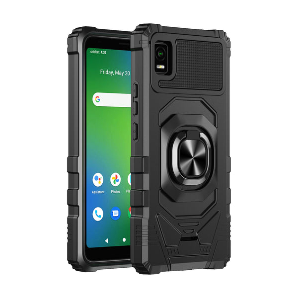 For Cricket Debut Smart Case [Military Grade] Ring Car Mount Kickstand w/[Tempered Glass] Hybrid Hard PC Soft TPU Shockproof Protective Case - Black