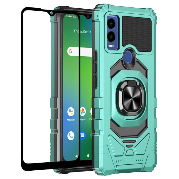 For Cricket Innovate E 5G Case [Military Grade] Ring Car Mount Kickstand w/[Tempered Glass] Hybrid Hard PC Soft TPU Shockproof Protective Case - Teal