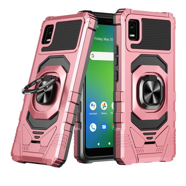 For Cricket Debut Smart Case [Military Grade] Ring Car Mount Kickstand w/[Tempered Glass] Hybrid Hard PC Soft TPU Shockproof Protective Case - Rose Gold