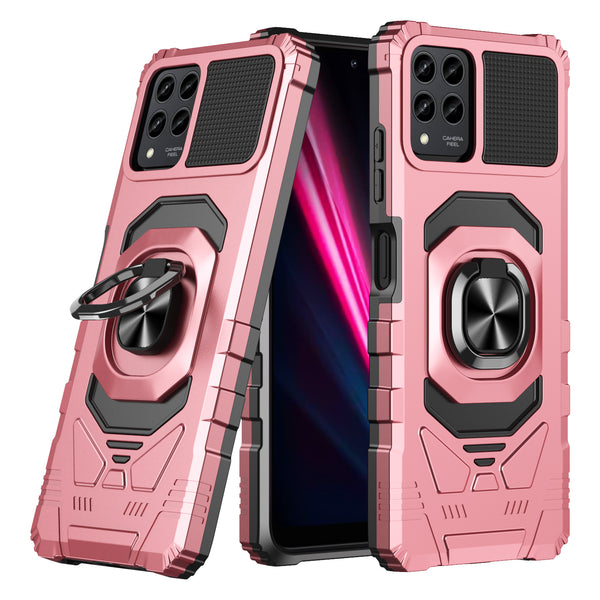 For T-Mobile REVVL 6 Pro 5G Case [Military Grade] Ring Car Mount Kickstand w/[Tempered Glass] Hybrid Hard PC Soft TPU Shockproof Protective Case - Rose Gold