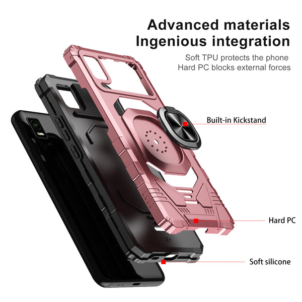 For Cricket Debut Smart Case [Military Grade] Ring Car Mount Kickstand w/[Tempered Glass] Hybrid Hard PC Soft TPU Shockproof Protective Case - Rose Gold