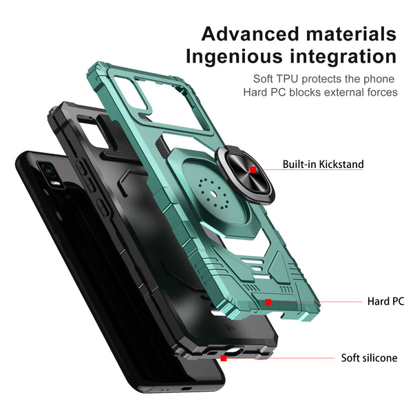 For Cricket Debut Smart Case [Military Grade] Ring Car Mount Kickstand w/[Tempered Glass] Hybrid Hard PC Soft TPU Shockproof Protective Case - Teal