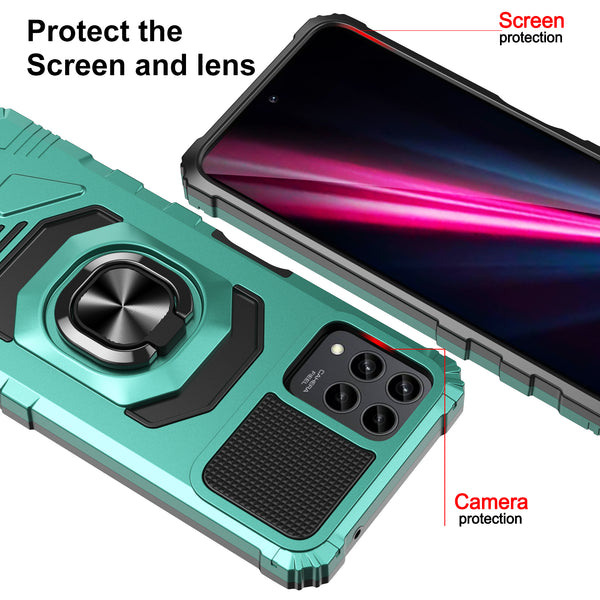 For T-Mobile REVVL 6 Pro 5G Case [Military Grade] Ring Car Mount Kickstand w/[Tempered Glass] Hybrid Hard PC Soft TPU Shockproof Protective Case - Teal