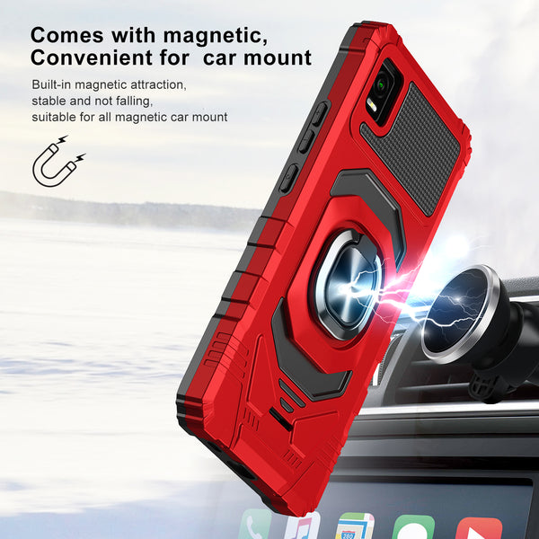 For Cricket Debut Smart Case [Military Grade] Ring Car Mount Kickstand w/[Tempered Glass] Hybrid Hard PC Soft TPU Shockproof Protective Case - Red