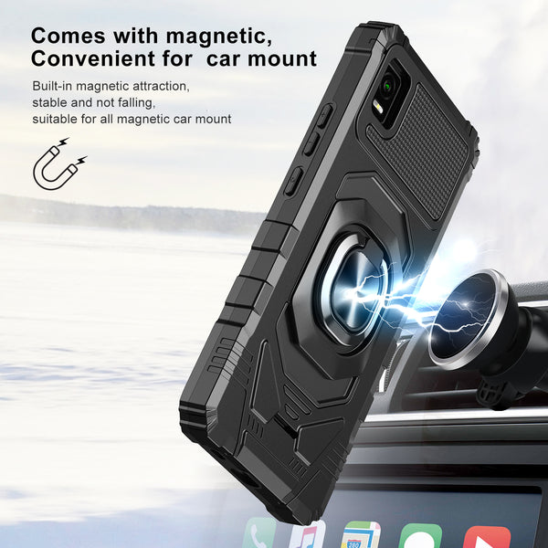 For Cricket Debut Smart Case [Military Grade] Ring Car Mount Kickstand w/[Tempered Glass] Hybrid Hard PC Soft TPU Shockproof Protective Case - Black