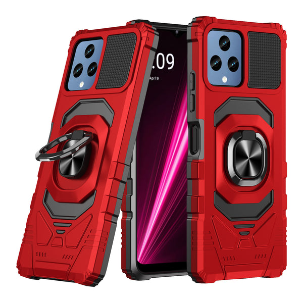 T-Mobile REVVL 6 5G Case [Military Grade] Ring Car Mount Kickstand w/[Tempered Glass] Hybrid Hard PC Soft TPU Shockproof Protective Case - Red