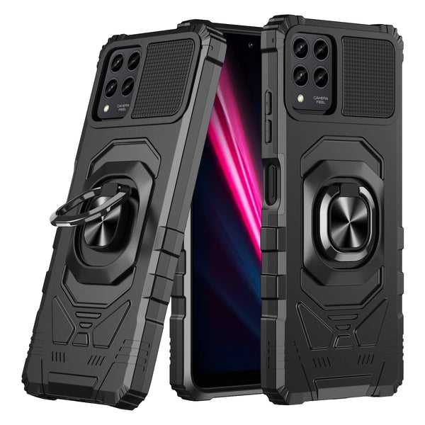 For T-Mobile REVVL 6 Pro 5G Case [Military Grade] Ring Car Mount Kickstand w/[Tempered Glass] Hybrid Hard PC Soft TPU Shockproof Protective Case - Black