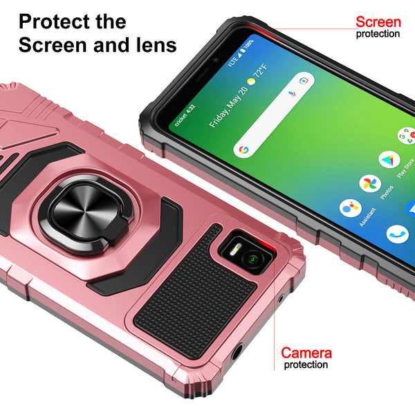 For Cricket Debut Smart Case [Military Grade] Ring Car Mount Kickstand w/[Tempered Glass] Hybrid Hard PC Soft TPU Shockproof Protective Case - Rose Gold