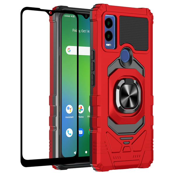 For Cricket Innovate E 5G Case [Military Grade] Ring Car Mount Kickstand w/[Tempered Glass] Hybrid Hard PC Soft TPU Shockproof Protective Case - Red